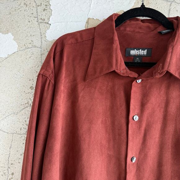 Y2k Faux Suede Shirt Button Down Rust Brown Microfiber Unlisted Kenneth Cole XL - Picture 2 of 8